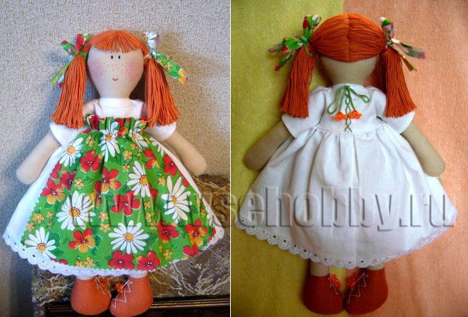 готовая кукла из ткани вид спереди и сзади